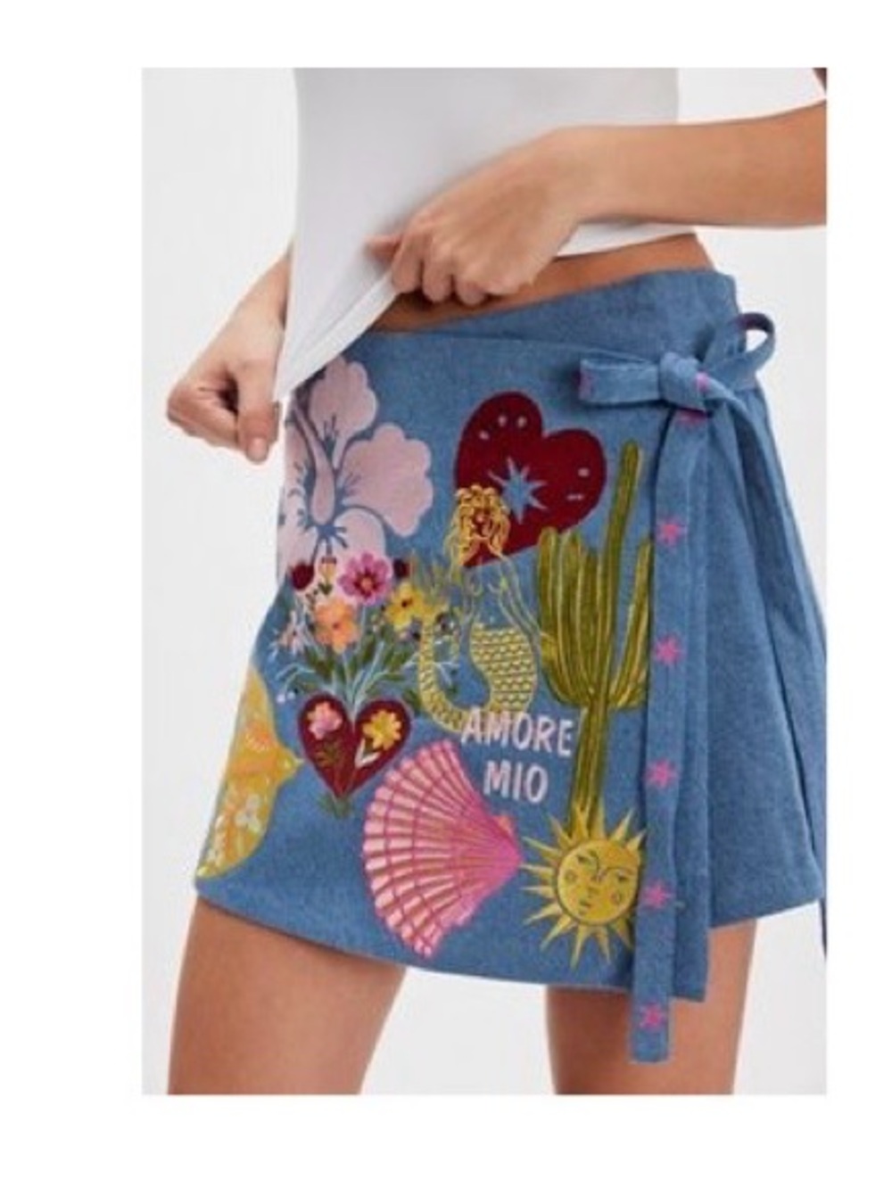 Free People denim Embroidered Wrap Mini Skirt with Multicolor Motifs
